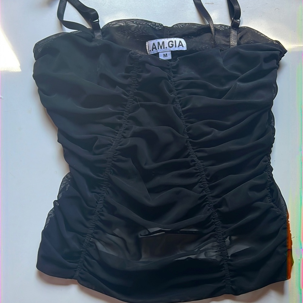 iamgia sheer mesh rouched tank, minimal wear, super flattering,